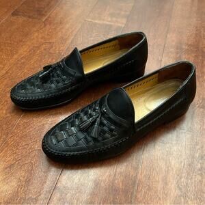 Nordstrom Tasseled Black Woven Leather Slip On Loafers, Made in Italy, Size 10.5